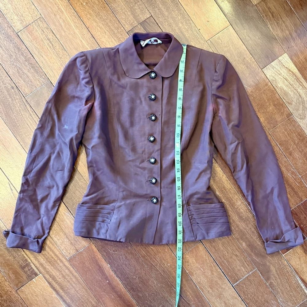 2pc VTG 40s MCM Brown Crepe Suit Rhinestone‎ Button Jacket A-Line Skirt Women S - Picture 16 of 16